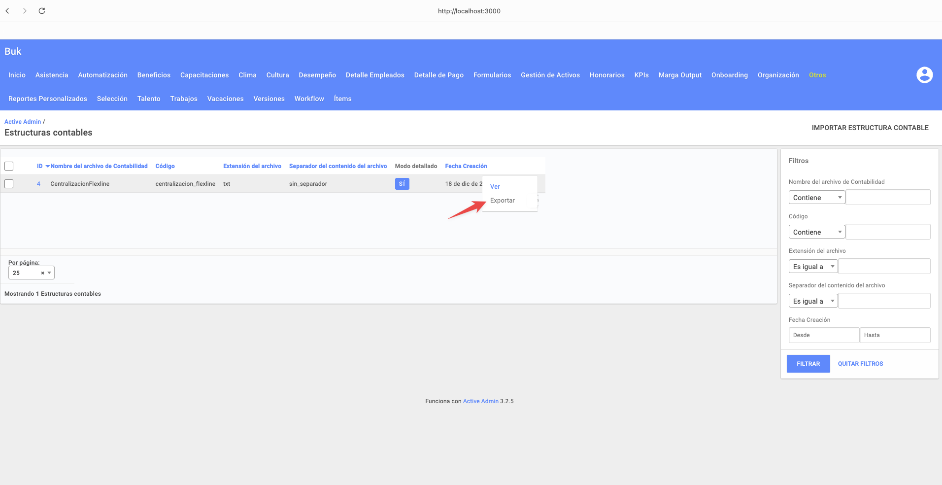 Opción Exportar estructura contable