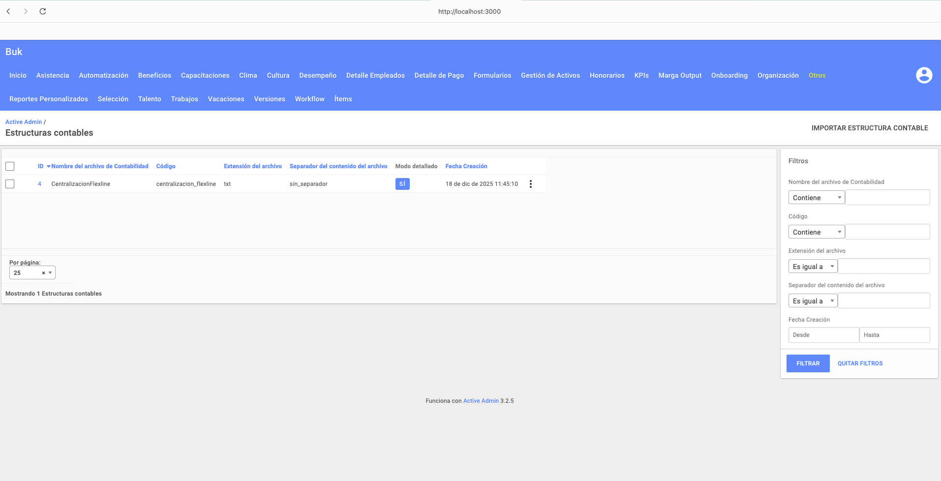 Listado de estructuras contables en ActiveAdmin