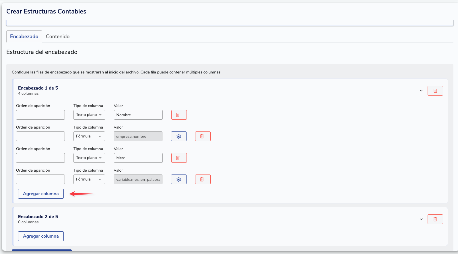 Configuración de columnas del encabezado