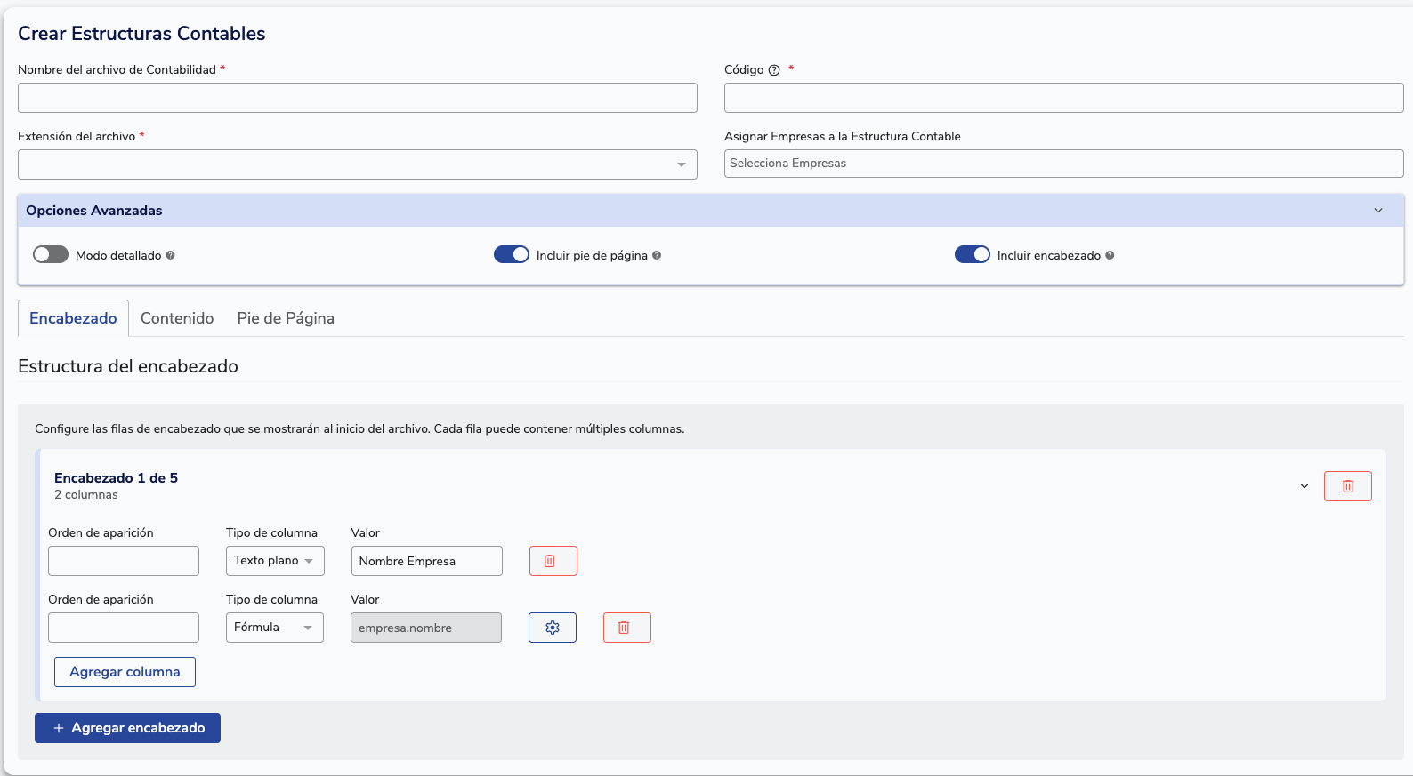 Configuración de columnas en Encabezado
