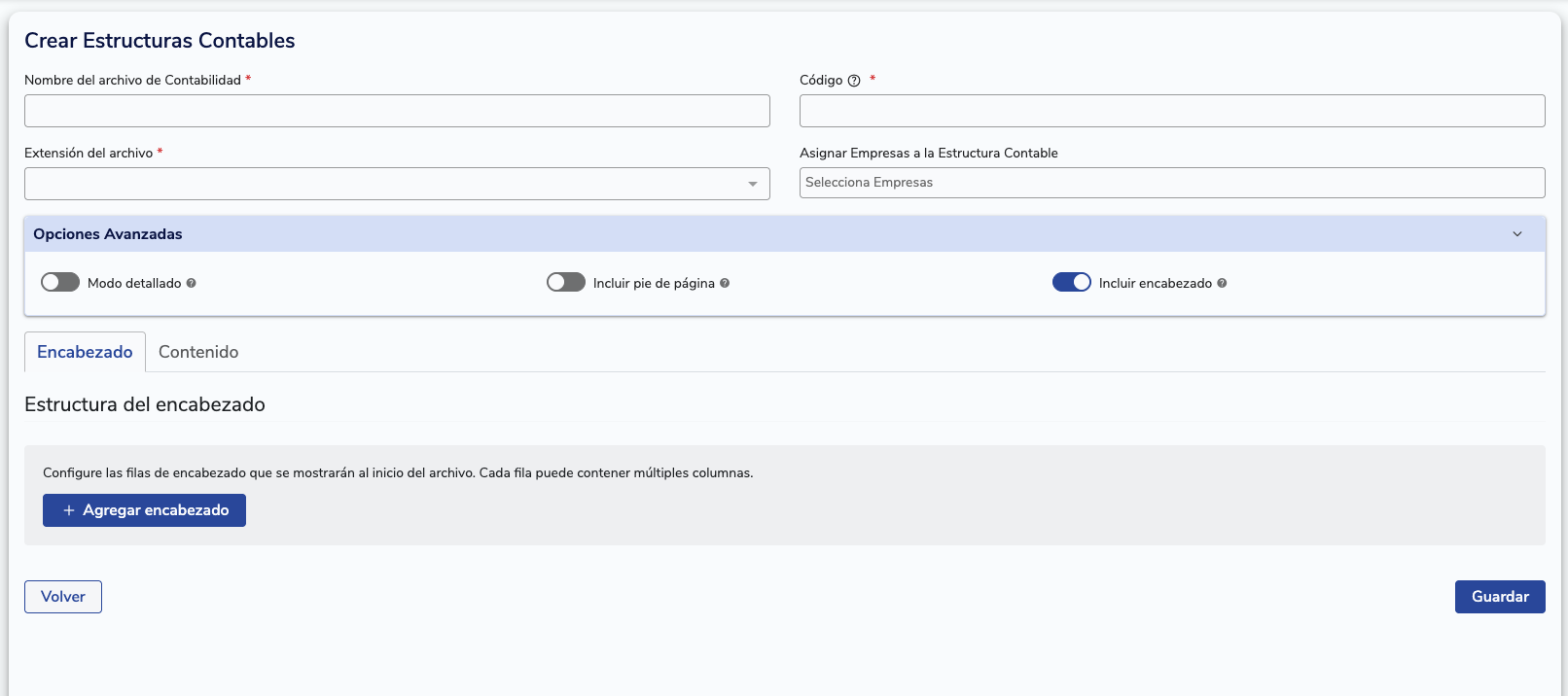 Tab Encabezado habilitado en la estructura contable
