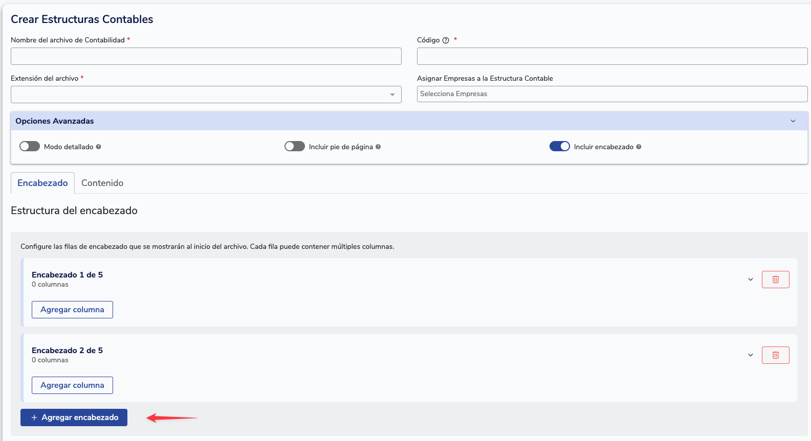 Agregar encabezado en una estructura contable