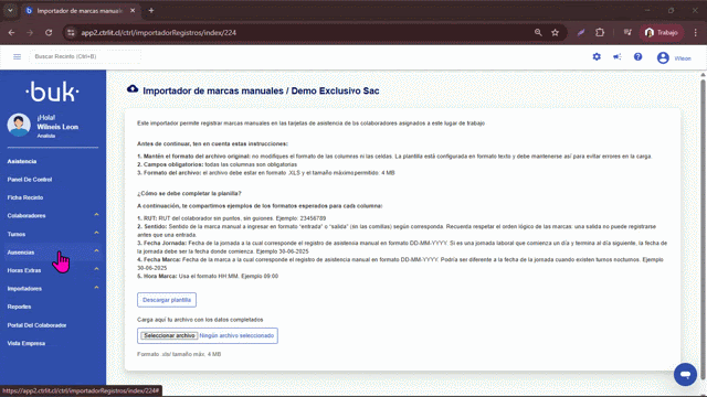 Interfaz del importador de marcaciones en Buk donde se destacan las columnas de fecha jornada y fecha marca
