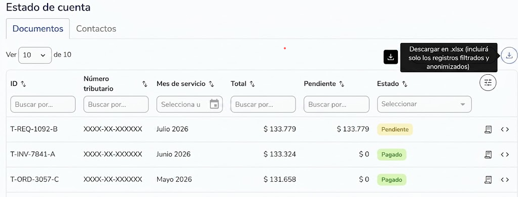 Exportar listado dentro de la vista de Estado de cuenta
